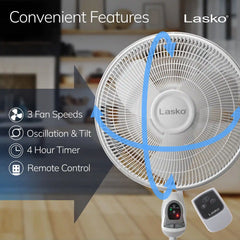 Lasko 16" Pedestal Fan (3-speed, remote, timer, white)