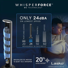 Lasko WhisperForce™ DC 42" Tower Fan (12-speed, remote, black/silver)