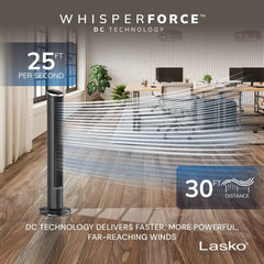 Lasko WhisperForce™ DC 42" Tower Fan (12-speed, remote, black/silver)