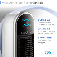 Lasko Aria™ 40" Tower (5-speed, remote, timer, white)