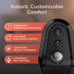 Lasko 1500W Oscillating Ceramic Tower Space Heater, CT16450, Black