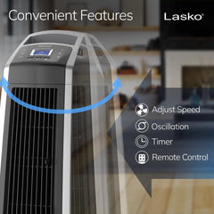 Lasko High Velocity 35" Tower Fan (3-speed, remote, timer, silver/black)