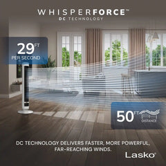 Lasko WhisperForce™ DC 40" Tower Fan (12-speed, remote, timer, air filtration, white/black)