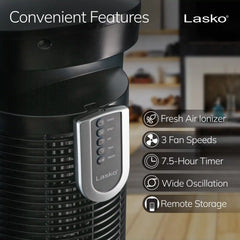 Lasko Wind Curve® 42" Tower Fan (3-speed, remote, timer, ionizer, black/woodgrain)