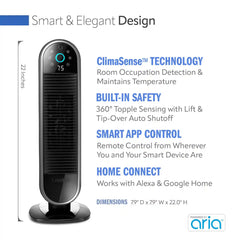 Lasko Aria™ 22" Ceramic Tower Heater (3 heat settings, remote, timer, smart, black)