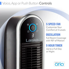 Lasko Aria™ 40" Tower (5-speed, remote, timer, black)