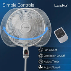 Lasko 16" Pedestal Fan (3-speed, remote, timer, white)