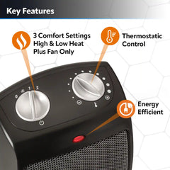 Lasko 9" Ceramic Table Top Heater (3-speed, thermostat, black)