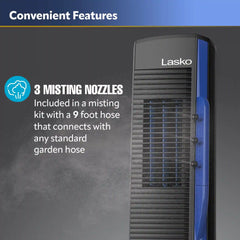 Lasko Misto® 42" Misting Outdoor Tower Fan (4-speed, 9’ hose, GFCI, black)