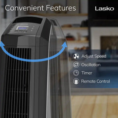 Lasko High Velocity 35" Tower Fan (3-speed, remote, timer, black)