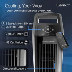 Lasko High Velocity WhisperForce™ DC 35" Tower Fan (9-speed, remote, timer, black)