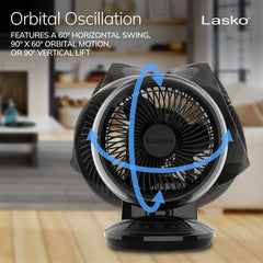 Lasko Whirlwind 7" Orbital Air Circulator Fan (3-speed, remote, black)