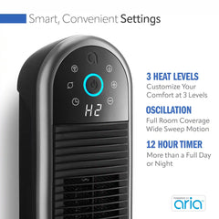 Lasko Aria™ 22" Ceramic Tower Heater (3 heat settings, remote, timer, smart, black)
