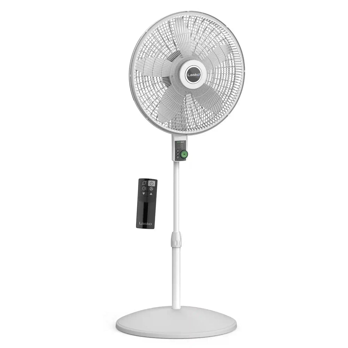 Lasko WhisperForce™ 18" 4-speed EcoQuiet DC Motor Pedestal Fan with Remote & Timer (white, model S18705)