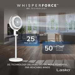 Lasko WhisperForce™ 24-speed DC Motor Pedestal Fan with Remote & Timer (white, model APDC301)
